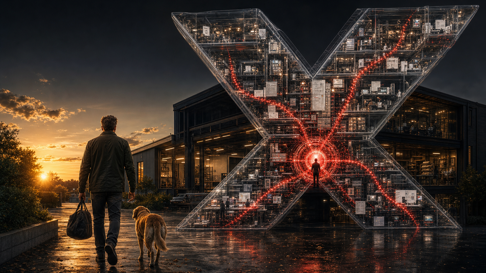 An owner leaves work while a translucent Studio X workflow continues operating